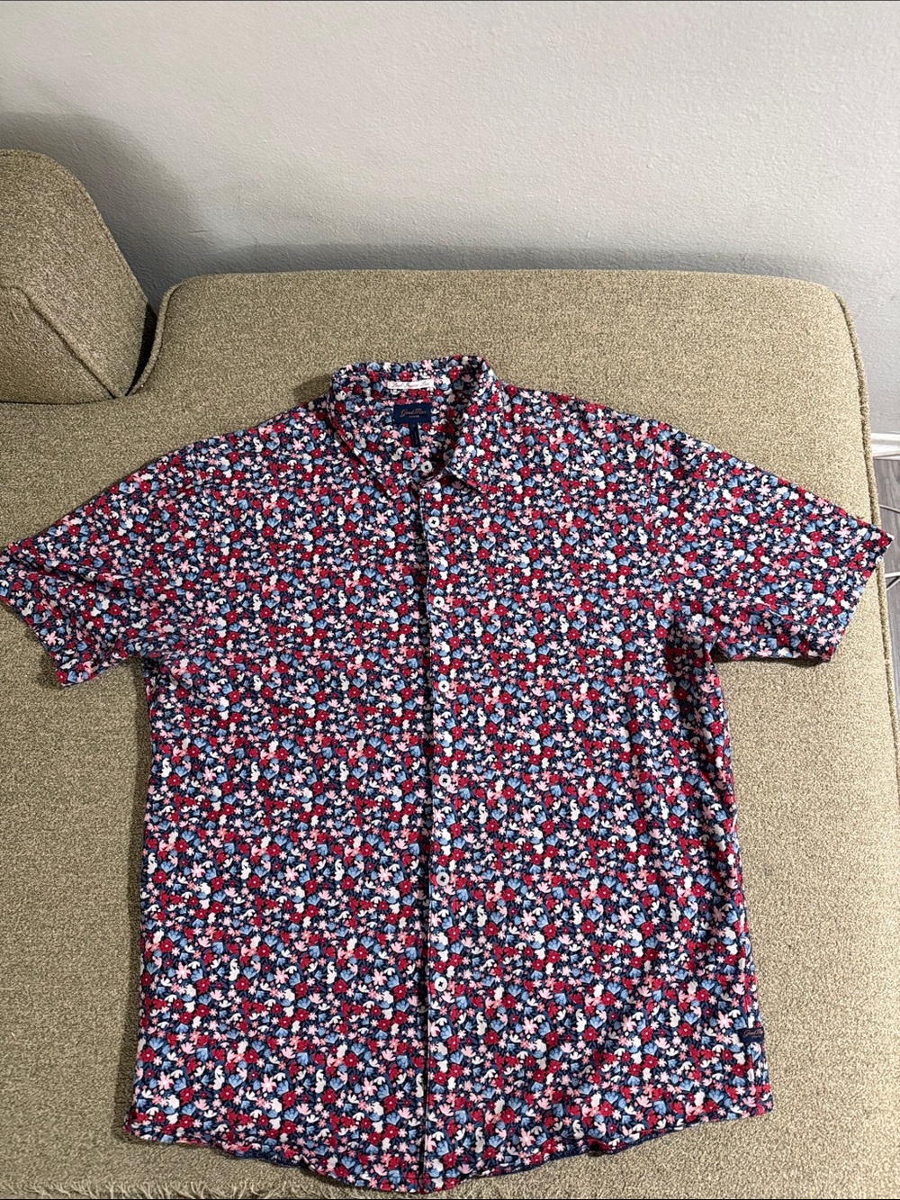 Men's Short-Sleeve Floral Button-Down Shirt - Red/Blue/White